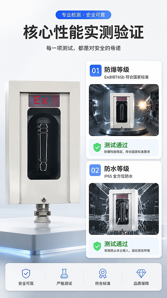 [第5屏] 核心功能实测页-探测与防爆性能展示。本屏使用【图1】作为产品主体。
[氛围/风格] 专业性能测试风，冷调科技风格，数据可视化展示。
[元素布局] 左侧放置产品实物图，占比约45%，外观结构与原图一致；右侧分两个测试指标卡片，分别展示防爆等级测试和防水等级测试，每个卡片配测试示意图和结果标注。
[光影质感] 左侧产品真实光影，右侧卡片均匀布光，整体对比清晰，层次分明。
[配色色系] 全局底色 #F0F2F5；主色深灰文字，绿色合格标识，蓝色产品点缀，白色卡片背景。
[视角构图] 左右分栏构图，左产品右数据，阅读动线从上到下自然流畅。
[文字版式] 顶部标题「核心性能实测验证」，两个指标卡片：1. 防爆等级：ExdIIBT6Gb 符合国家标准，测试通过；2. 防水等级：IP65 全方位防水，测试通过。每个卡片标注清晰，文字大小适合手机阅读。
[比例分辨率] 9:16竖版比例，4K分辨率，文字清晰可辨，高清画质。
[负向提示词] 产品变形，结构错误，颜色偏差，文字错乱，文字过小，数据标注错误，水印