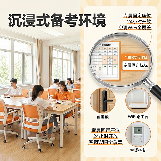[主图主题] 2027考研班细节优势展示
[氛围/风格] 活泼欢快年轻风格，明亮通透
[画面元素] 左侧主体展示考研自习教室实景，干净整洁的书桌和座椅，明亮窗户透进自然光，右侧用放大镜效果突出督学服务细节特写，光影自然，细节清晰，背景铺满全屏，左右拼图布局，光影统一
[配色色系] 主色调：原木色 活力橙；辅助色：米白
[视角构图] 左图右文平视构图，景深适中
[文字版式] 主标题 "沉浸式备考环境"，右侧细节标注 "专属固定座位 24小时开放 空调WiFi全覆盖"，主标题大字号加粗，深灰色文字，细节说明白色小字号，左侧场景右侧文字，合理分区，避免遮挡，整体干净清爽