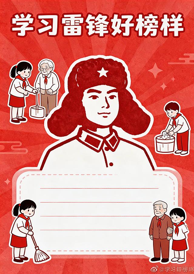 学习雷锋做好事夸夸卡，温馨明亮风格，卡片顶部写有"学习雷锋好榜样"，画面中心有雷锋经典形象，将原有的四个人物替换为做好事的小学生，周围绘制小学生帮助他人、打扫卫生的简约插画，预留空白填写区域，整体红色调充满正能量，适合儿童使用，去掉所有尺寸文字内容