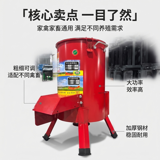 [主图 2] 多功能碎菜机核心亮点展示，以产品为中心，用极细引线连接各个部位标注功能说明。保持多功能碎菜机外观（物理结构、材质质感、红色颜色）与输入产品图绝对一致，杜绝任何变形和色差，精细化处理。背景预览效果