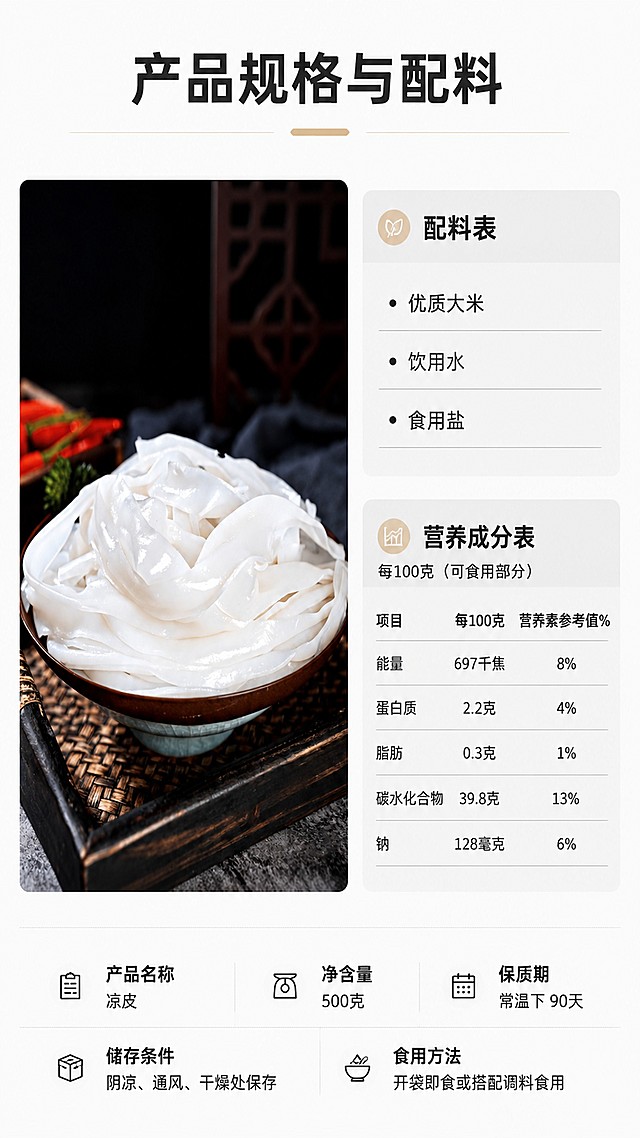 [第7屏] 规格配料展示-产品规格和配料信息同屏。本屏使用【图1】作为产品展示。
[氛围/风格] 严谨清晰，参数明确，简约专业。
[元素布局] 左侧放置凉皮产品图占比约35%，右侧放置配料表和营养成分表；产品外观保持与原图一致，信息排版清晰，分块明确。
[光影质感] 整体明亮均匀，文字参数清晰可读，无过暗阴影。
[配色色系] 全局底色 #F8F8F8；主色白底深字，浅灰色区块区分配料和营养表。
[视角构图] 左右分栏，左图右表，信息层次分明。
[文字版式] 顶部标题「产品规格与配料」，左侧产品，右侧清晰列出配料：优质大米、饮用水、食用盐；下方附简化营养成分表，文字清晰，行间距适中，不拥挤。
[比例分辨率] 9:16 竖版比例，4K分辨率，文字清晰可辨，高清画质。
[负向提示词] 产品变形，表格错乱，文字模糊，配料错误，水印。