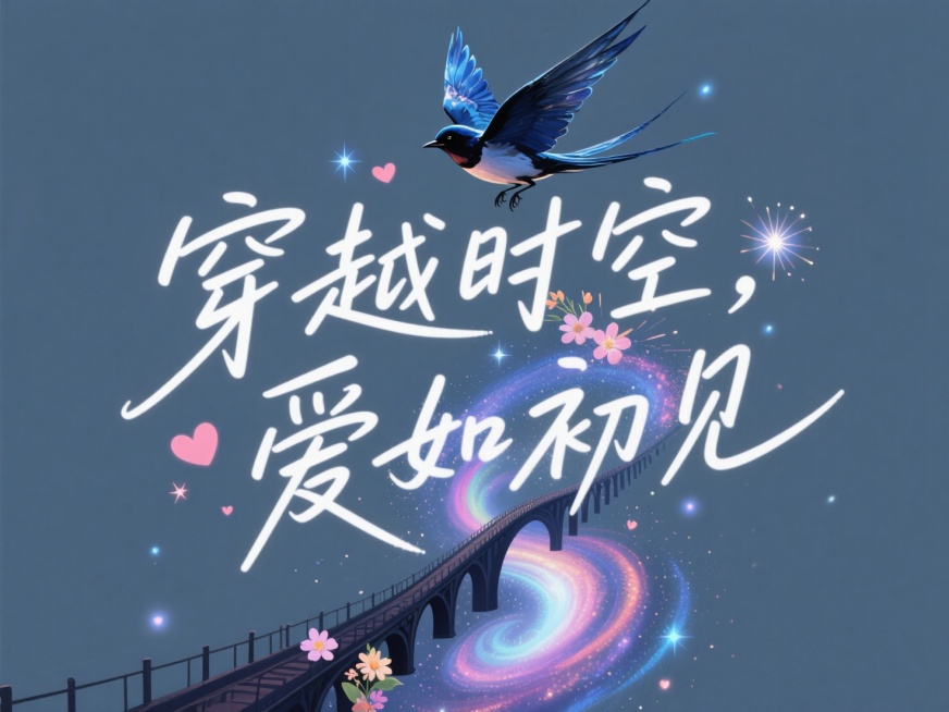 “穿越时空，爱如初见”正文，字体风格为狂草书法；主体突出喜鹊搭桥穿越星空，环境有旋转星云和发光爱心，标题字体细节包括星空蓝墨迹、字效添加粒子特效和花朵爆炸动画，提升梦幻浪漫，纯色背景，颜色干净预览效果