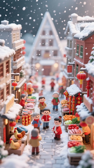 三角构图，主体是飘雪的城市街道，楼层错落有致，街道上都是商家小贩在摆摊卖年货，年货有鸡鸭鱼肉、烟花爆竹、蔬菜水果以及新年红色饰品，街上都是逛街的人，大人小孩，男男女女都有，都穿着可爱喜庆的衣服。预览效果
