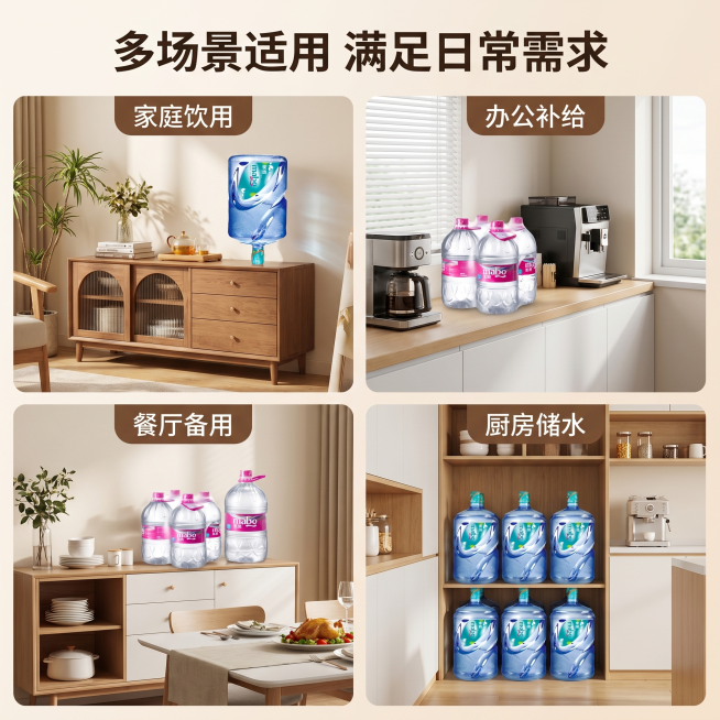 [主图 4] 麦宝饮用水多场景适用展示。[氛围风格] 真实生活化场景，温馨自然。[画质] 商业摄影质感、光线柔和通透、产品清晰真实、画面干净高级。[元素] 四分格场景展示，分别为：家庭客厅茶水柜、办公预览效果