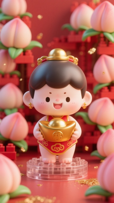 潮玩积木风，一个圆润可爱的福娃，身着中式红色祥云肚兜，面容喜悦，怀捧一个巨大的3D金元宝，元宝造型圆润，表面有细腻的光泽和高光，显得非常饱满。背景铺满了3D立体寿桃，桃尖泛着淡淡的红晕，形态饱满可爱，预览效果