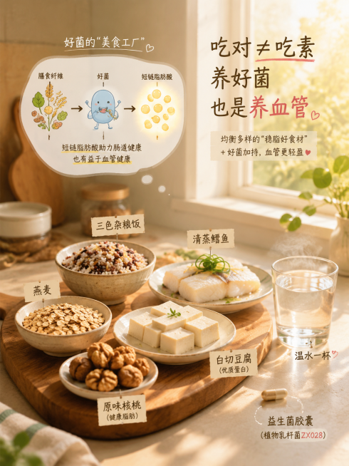 一幅生活场景插画，厨房一角木砧板上摆放“稳脂好食材”：一小碗燕麦、一小碟三色杂粮饭、一块清蒸鳕鱼和几块白切豆腐（蛋白质代表）、一把原味核桃，旁边放一杯温水和一粒益生菌胶囊（标签隐见“植物乳杆菌ZX02预览效果