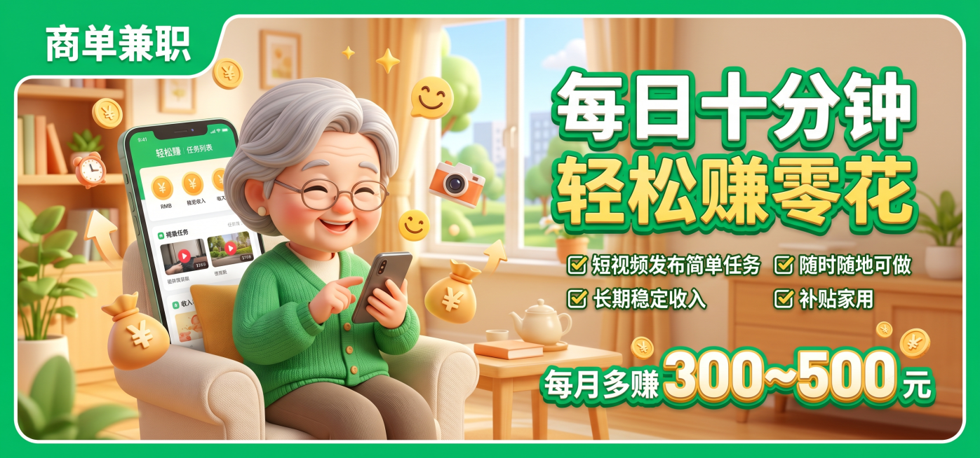 设计3D风格的商单兼职宣传banner图，主色调#07C160，尺寸1920*900px，画面包含Q版老年人微笑使用手机的场景，搭配3D卡通风格元素，排版简洁大方，文案内容："每日十分钟 轻松赚零花预览效果