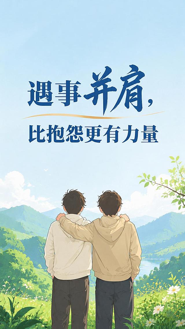 修改两个卡通人物形象，弱化性别特征，不要明显区分男女，保持背影并肩的姿态，保留文字"遇事并肩，比抱怨更有力量"和充满生机绿植山水的背景不变，风格统一和谐