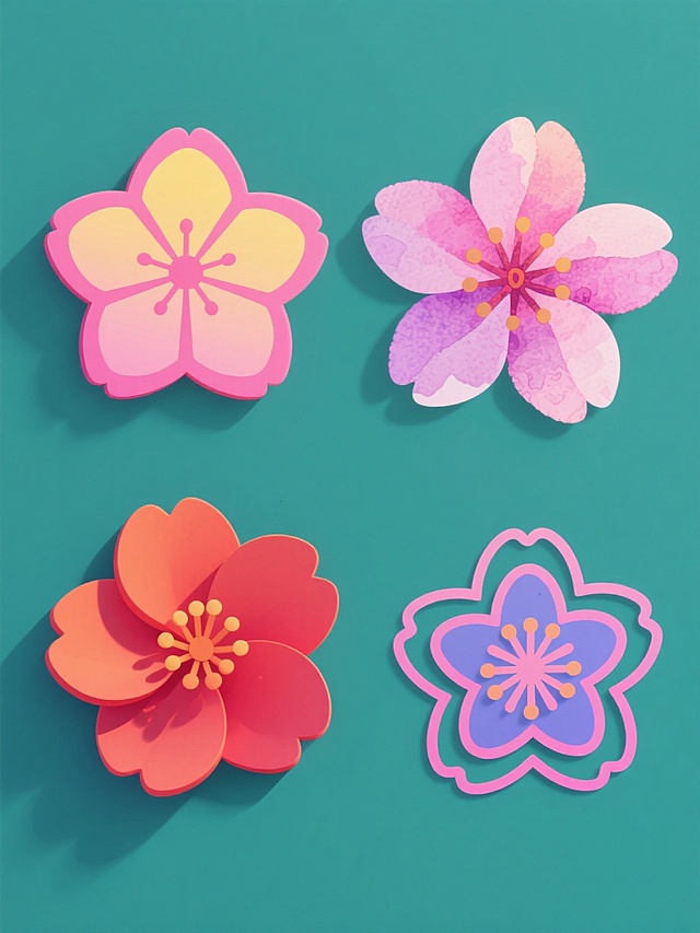 四个桃花元素规整排布的集合，每个桃花保持五瓣花型和花蕊核心结构但造型迥异，第一个是扁平化设计风格的几何桃花，花瓣边缘有圆角处理，配色为高饱和度的粉色与黄色渐变；第二个是水彩手绘风格的桃花，花瓣有自然晕染效果，采用低饱和度的粉紫色调；第三个是3D立体剪纸风格的桃花，花瓣有明显的层次感和阴影，使用橙红色系配色；第四个是线性插画风格的桃花，用线条勾勒轮廓并填充明亮的蓝粉色，所有桃花均以纯色背景呈现，整体布局整齐对称。