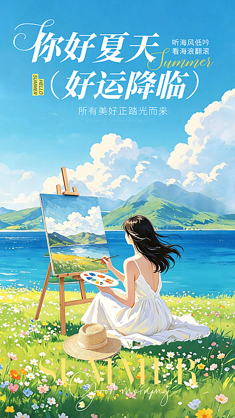 夏日美好治愈文艺插画早安日签问候朋友圈宣传手机海报