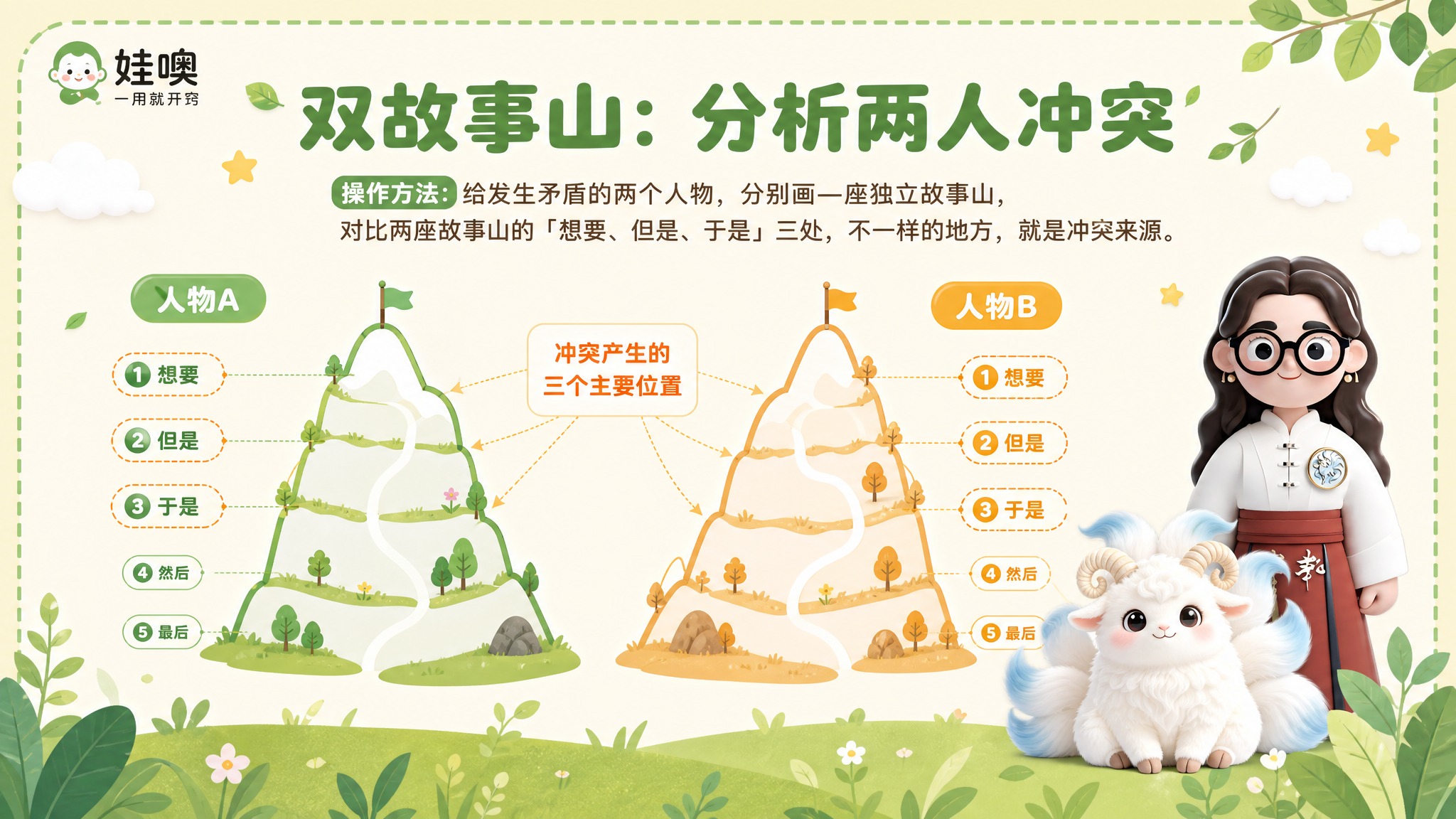 A4横版儿童教育PPT页面，清新杏色和绿色可爱风格，浅杏色背景… - 图片创意预览