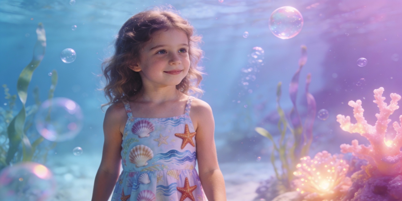 欧美可爱小女孩，海洋生物元素服饰，梦幻背景，露出手臂，大师级摄影预览效果