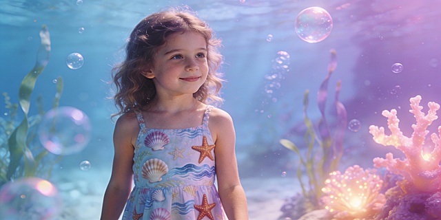 欧美可爱小女孩，海洋生物元素服饰，梦幻背景，露出手臂，大师级摄影