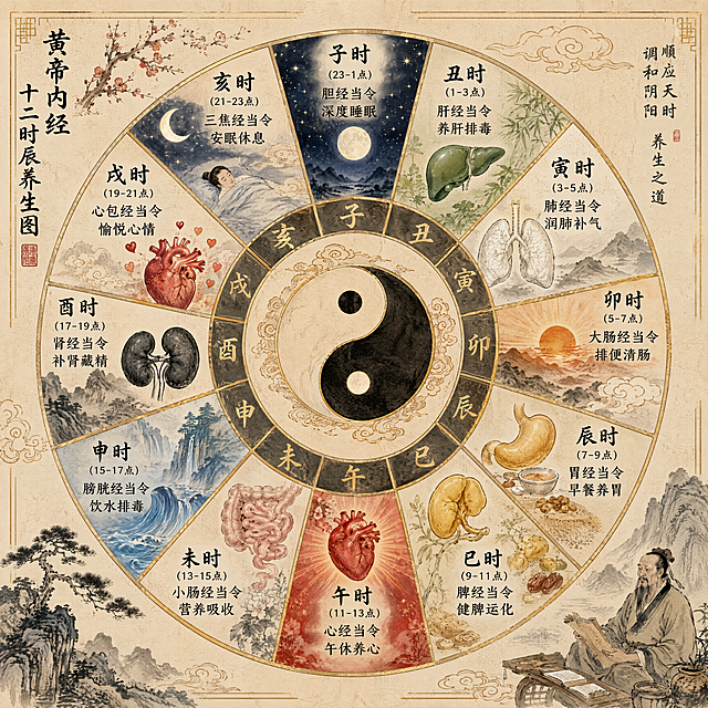 黄帝内经十二时辰养生图，中国风古典风格，圆形钟表式布局，中心为太极阴阳鱼图案，周围环绕十二个时辰，每个时辰对应一个养生主题和传统中医元素。子时(23-1点)：胆经当令，深度睡眠，配明月星空图案；丑时(1-3点)：肝经当令，养肝排毒，配绿色肝脏图案；寅时(3-5点)：肺经当令，润肺补气，配白色肺叶图案；卯时(5-7点)：大肠经当令，排便清肠，配日出东方图案；辰时(7-9点)：胃经当令，早餐养胃，配金色胃部图案；巳时(9-11点)：脾经当令，健脾运化，配黄色脾脏图案；午时(11-13点)：心经当令，午休养心，配红色心脏太阳图案；未时(13-15点)：小肠经当令，营养吸收，配小肠图案；申时(15-17点)：膀胱经当令，饮水排毒，配蓝色水流图案；酉时(17-19点)：肾经当令，补肾藏精，配黑色肾脏图案；戌时(19-21点)：心包经当令，愉悦心情，配心脏欢喜图案；亥时(21-23点)：三焦经当令，安眠休息，配月亮睡眠图案。整体采用水墨工笔画风格，配色古朴典雅，米色宣纸背景，金色线条勾勒，每个时辰标注清晰的时间和养生要点文字，画面精美细腻，具有传统文化韵味