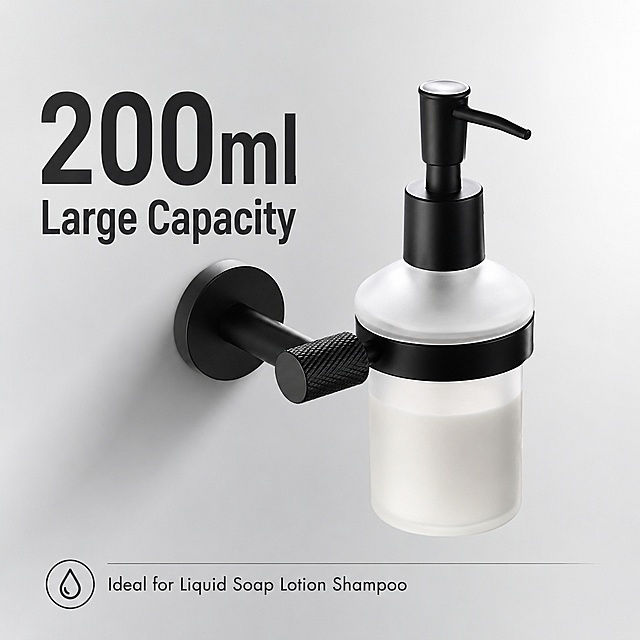 [Main Image 6] Capacity display, keep product consistent with input. Show the frosted glass bottle clearly, highlight 200ml large capacity design, text "200ml Large Capacity" in bold large font on the left, product placed on the right. Bottom add small description: "Ideal for Liquid Soap Lotion Shampoo". Light gray gradient background, soft commercial lighting. 1:1 square 2K resolution. Negative prompt: distortion, blurry text, clutter, Chinese characters