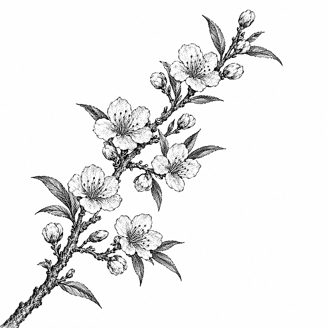 参考图中包装上的黑白铜版画/古典植物雕版线描风格，重新绘制一幅【桃花】的简笔画：竖版长构图，一根花枝自左下角蜿蜒向右上延展，沿途花开五六朵、花苞点缀，桃叶与花错落相间，枝条走向优雅、留白充足，用细密雕版排线刻画，纯白背景，黑白色调，无任何文字