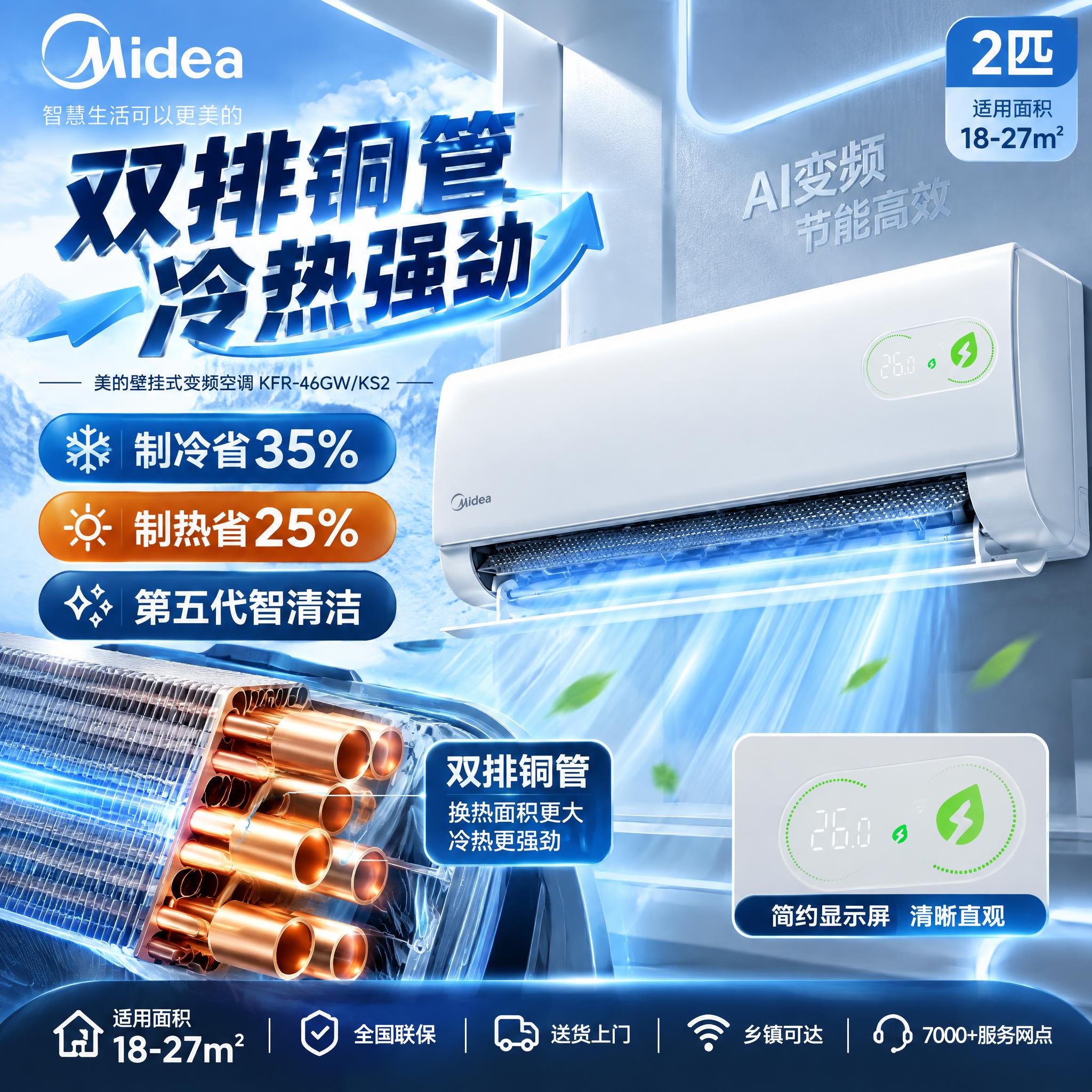 拼多多平台美的空调商品主图，1:1正方形构图，参考图2的版式风… - 图片创意预览