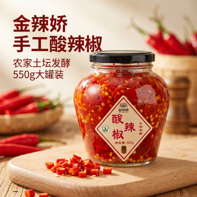 [主图 1] 产品首图展示金辣娇朝天椒酸辣椒550g。
[氛围风格] 地道川味美食，浓郁食欲感，天然农家风格；
[画质] 商业摄影质感、光线柔和通透、产品清晰真实、画面干净高级。
[元素] 玻璃罐装金预览效果