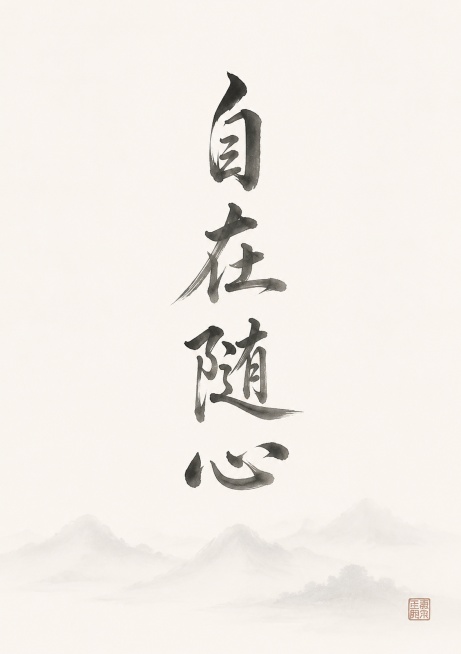 新式国风禅意书法平面装饰画，大面积极简留白构图，淡墨飘逸行书书写"自在随心"四字，底部衬极淡的浅墨远山晕染痕迹，角落配一枚素色小印章，画面清净松弛、禅意悠远，竖版构图，主体严格居中，四周少量均匀留白预预览效果