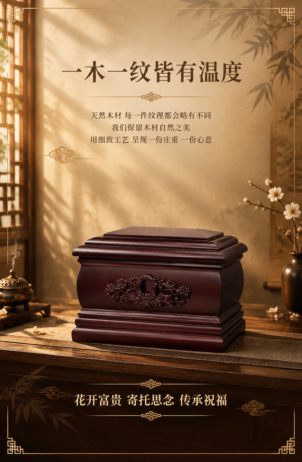 [商品] 使用【图1】花开富贵摘亚木实木骨灰盒正面45°图；保… - 图片创意预览