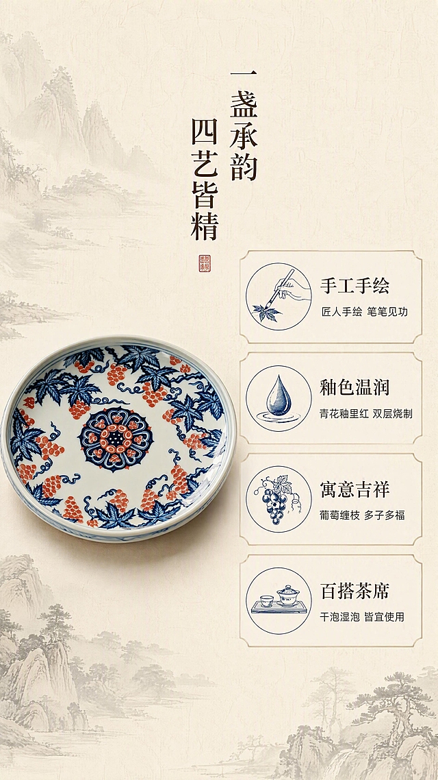 [第2张] 详情页核心卖点页-青花釉里红葡萄纹壶承四大卖点提炼。本张使用【图1】作为商品主体。
[氛围/风格] 东方雅致新中式风，简洁高级，信息清晰，商业摄影质感。
[元素布局] 壶承置于画面左侧中部，占比约40%-45%，呈45°斜俯视角度；右侧为四大卖点图文区，上下排列；背景为浅米色宣纸纹理，点缀淡墨山水晕染；壶承器型、纹样、颜色与输入产品图一致。
[光影质感] 左侧柔光照明，壶承釉面有自然高光，右侧文字区光线均匀，整体明亮通透。
[配色色系] 全局底色 #F5EFE0（宣纸米白）；主色青花蓝 #1A3A6B；辅助色釉里红 #C84B31、深棕文字色。
[视角构图] 左物右文横向构图，阅读动线从左产品 → 右侧四组卖点自上而下。
[文字版式] 右侧竖排主标题「一盏承韵 四艺皆精」，下方四个卖点横向卡片式排列，每个卖点配一个中式线描小图标：①「手工手绘」青花笔触图标 + 「匠人手绘 笔笔见功」；②「釉色温润」釉滴图标 + 「青花釉里红 双层烧制」；③「寓意吉祥」葡萄图标 + 「葡萄缠枝 多子多福」；④「百搭茶席」茶席图标 + 「干泡湿泡 皆宜使用」；文字清晰可读，宋体标题+黑体正文。
[比例分辨率] 9:16 竖版比例，4K 分辨率，文字清晰可辨，高清画质。
[负向提示词] 壶承变形，纹样错乱，颜色偏差，水印，文字过小，文字错乱，产品图模糊，背景杂乱。