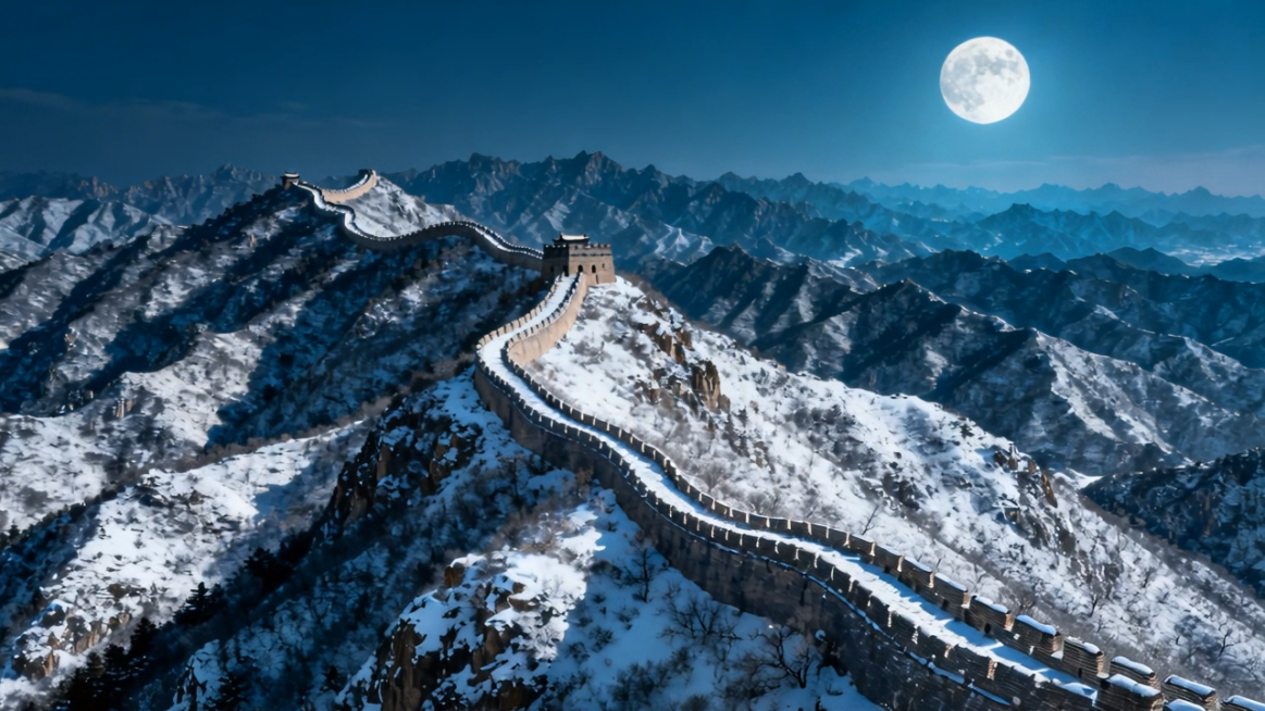 俯瞰视角的史诗级大远景，秦代长城如巨龙蜿蜒盘踞于苍茫雪山之巅，山脉连绵起伏，天空中圆月高悬，清冷月光笼罩大地，色调为青蓝色、深灰色与冷白色，强烈的冷光对比，画面壮阔磅礴，张艺谋《英雄》美学风格，8K画预览效果