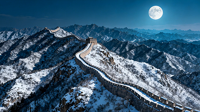 雪夜长城，月光倾泻，3D重拟物风呈现中式古典意境，光影交错间尽显静谧与宽阔，如油画般梦幻。