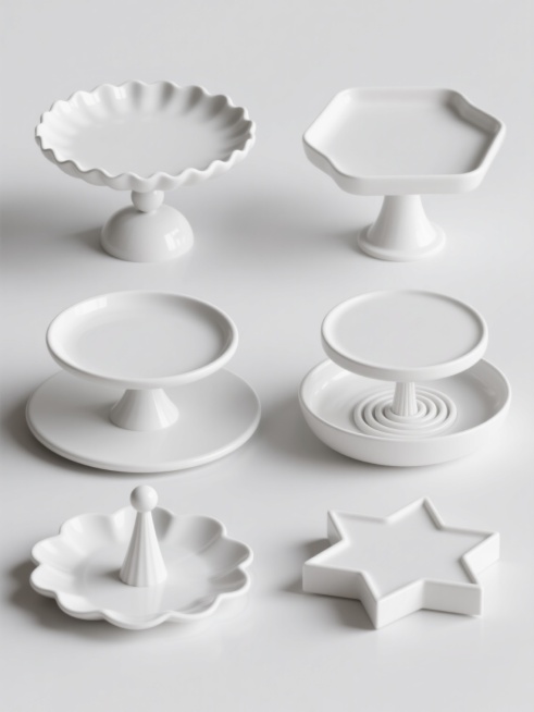 6个造型各异的白色蛋糕托盘系列素材集合，每个托盘均保持简约现代的3D渲染风格，拥有光滑的塑料质感和柔和的高光反射，主体色彩统一为纯净白色，托盘造型分别为：1.波浪边缘圆形底座配球形支柱；2.方形波浪边缘配四柱支撑；3.双层圆形叠加大底座；4.花瓣形边缘配螺旋纹支柱；5.六边形边缘配锥形支柱；6.星形边缘配多棱面底座，所有托盘规整排列于纯白色纯色背景上，整体构图平衡对称，视觉层级清晰，突出展示各……预览效果