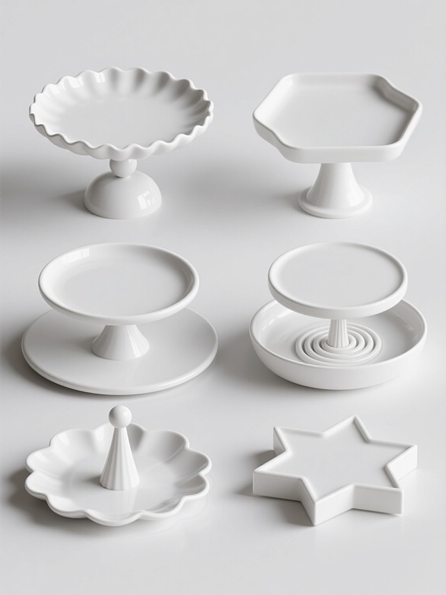 6个造型各异的白色蛋糕托盘系列素材集合，每个托盘均保持简约现代的3D渲染风格，拥有光滑的塑料质感和柔和的高光反射，主体色彩统一为纯净白色，托盘造型分别为：1.波浪边缘圆形底座配球形支柱；2.方形波浪边缘配四柱支撑；3.双层圆形叠加大底座；4.花瓣形边缘配螺旋纹支柱；5.六边形边缘配锥形支柱；6.星形边缘配多棱面底座，所有托盘规整排列于纯白色纯色背景上，整体构图平衡对称，视觉层级清晰，突出展示各托盘的独特造型设计与统一的材质质感，适合作为产品展示或设计素材使用。