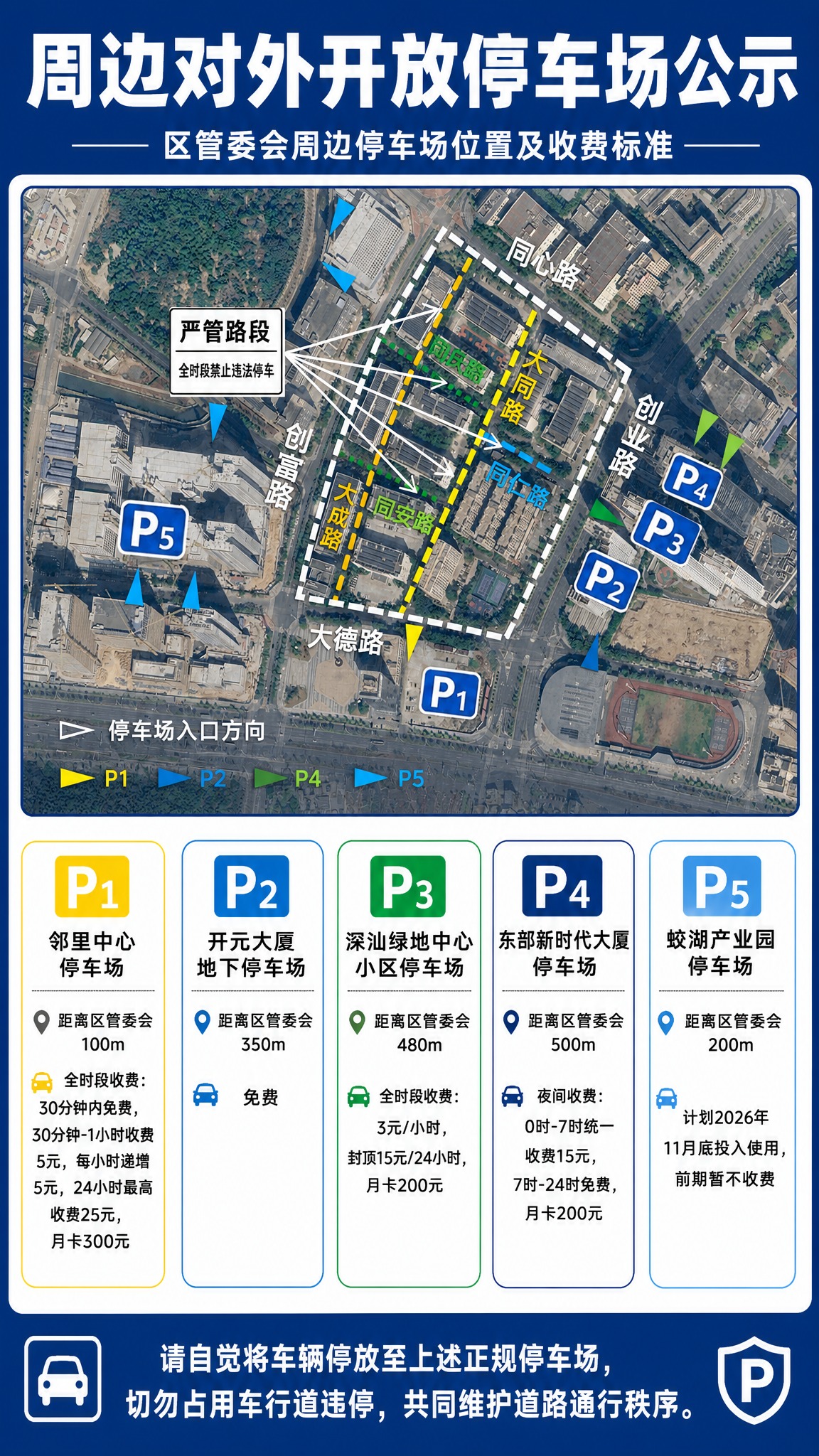 政务公告风格竖版海报，主题为周边对外开放停车场公示，正式清晰、… - 图片创意预览