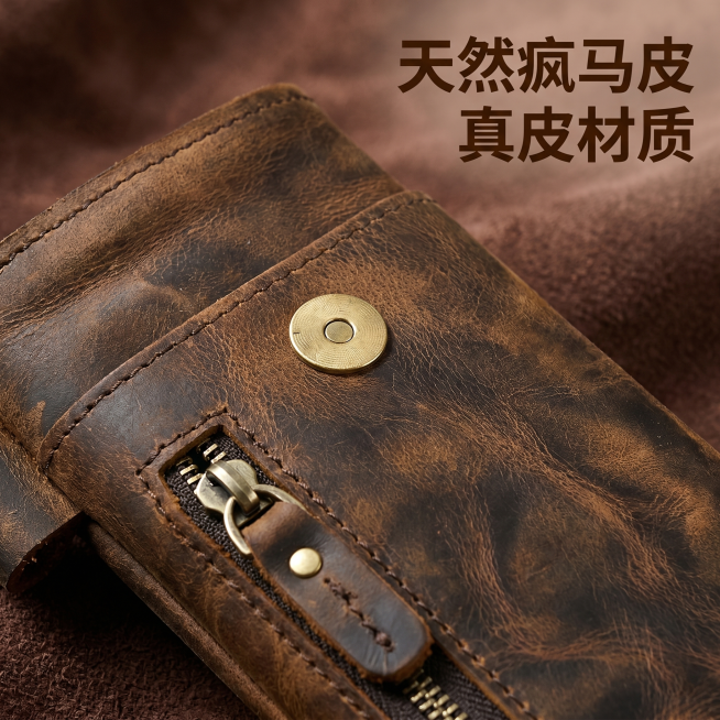 [主图 3] 男士疯马皮腰包材质细节展示图
[氛围风格] 复古质感，特写突出材质
[画质] 商业摄影质感、光线柔和通透、产品清晰真实、画面干净高级
[元素] 棕色疯马皮腰包局部特写，重点展示疯马皮皮革预览效果