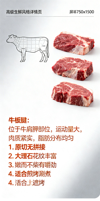 详情页产品介绍屏，高级生鲜风格，750x1500竖版，2K分辨率。画面左侧展示牛板腱部位示意图，标注“牛板腱：位于牛肩胛部位，运动量大，肉质紧实，脂肪分布均匀”，右侧搭配3块牛板腱实拍图，下方用橙色无预览效果