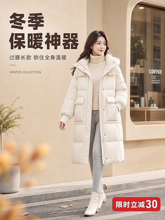 [标题版式] 左上错位排版，主标题大字号粗体，副标题小号常规体，下方配短英文装饰，标题区占左上1/3留白，不遮挡人物主体。
[商品] 使用【图1】奶白色长款连帽羽绒服；商品处理：保留连帽、按扣立领、大口袋、灯笼袖、罗纹袖口、过膝长款、H型版型和奶白色面料；自然去除衣身杂乱褶皱，理顺垂坠，增强羽绒蓬松感、缝线工整度和面料细腻光泽，不改变版型、颜色和结构。
[画面] 页面目标：风格头图海报，营造冬季温暖松弛氛围感，展示产品全貌与上身效果。构图：左文右图，年轻亚洲女模特（25岁左右，精致妆容，皮肤白皙，中长发自然微卷）身穿奶白色长款羽绒服，内搭米白高领毛衣，下装浅灰紧身裤+白色短靴，模特自然行走在极简米色街道上，右手轻插口袋，左手自然摆动，连帽自然搭在肩后，羽绒服过膝长度完整展示，背景是浅米色建筑外墙和简约咖啡店橱窗，有少量绿植点缀，前景有虚化的落叶增加季节感，产品占画面约60%，人物全身完整入镜，头部不顶边。
[视觉] 套系策略：风格=国内电商拼多多风格 柔和时尚商业摄影 高级松弛感；标题字=粗黑体 大字醒目；正文字=常规黑体 简洁清晰；主色=奶白+米杏；背景延展=基于米杏色做深浅层级、同色渐变和细腻墙面/纸张质感；强调色=暖棕红，仅用于小面积促销标签、图标和引线；标题色=深棕色；正文色=中暖灰；组件=圆角浅底信息卡、细线引线、简约图标；光影=左前侧暖柔光，阴影柔和自然。
[文字] 左上留白区：主标题"冬季保暖神器"，深棕色粗黑体大字号；副标题"过膝长款 锁住全身温暖"，中暖灰常规体，字号为主标题50%；下方小号英文装饰"WINTER COLLECTION"，浅棕色；右下角红色圆角促销标签"限时立减30"，白色粗体字。文字全部横排，不遮挡主体。
[规格] 图片比例3:4竖版，4K，避免变形、错字、文字过小、冷蓝/蓝灰背景、衣服颜色改变、版型失真、人物面部扭曲、手部畸形、水印、平台Logo。