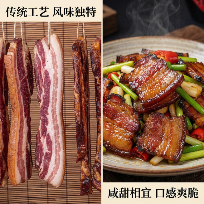 这张图片是产品主体这款产品是广式腊肉 我需要设计20张主图在拼多多上面售卖    主图场景布局可以用厨房 炒腊肉 腊肉细节等设计一个高级有食欲一些主图文案内容 正宗广式腊肉 厂家直销 新鲜现货 咸甜相预览效果