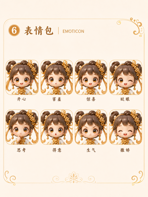 单独提取生成糖糖IP设计全案的【表情包】版块图，保留所有设计细节：八个表情包2行4列排列，每个表情包下方标注表情名称，背景和整体风格和原图保持一致，只保留表情包这一个版块，竖版构图，清晰完整。预览效果