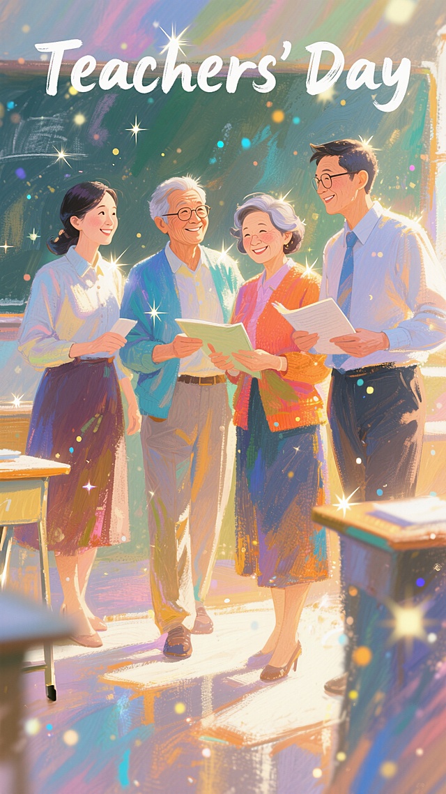 不同年龄段教师在教室相聚交流的场景