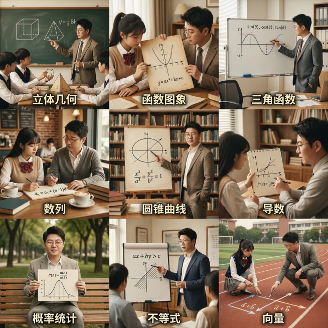 帮我生成关于高中数学的九宫格图片，要有老师和学生，老师的脸帮我设计成这张图片的，学生是中国人，场景是教室、家里、办公室、咖啡厅等，帮我生成20张预览效果