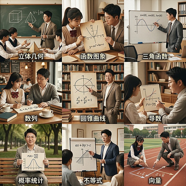 帮我生成关于高中数学的九宫格图片，要有老师和学生，老师的脸帮我设计成这张图片的，学生是中国人，场景是教室、家里、办公室、咖啡厅等，帮我生成20张