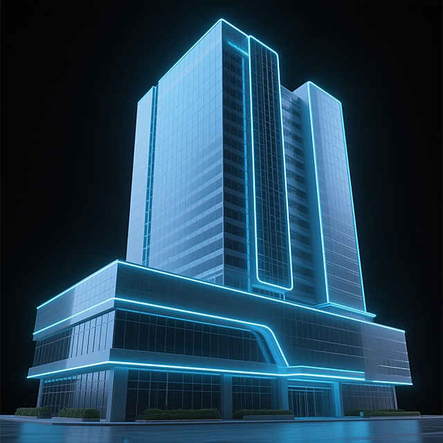 一座现代化写字楼的3D渲染可视化建筑，具有强烈的科技感，背景为纯黑色，建筑表面有蓝色发光线条勾勒轮廓，整体造型简洁大气，线条流畅，细节精致，光线效果突出科技氛围