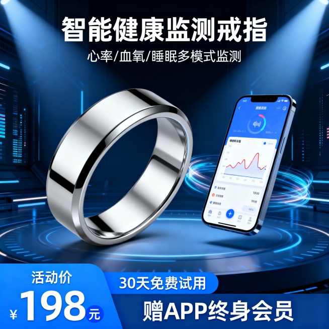 生成三张不同场景的智能戒指电商主图，价格“198元”，比例1:1，要有科技感预览效果