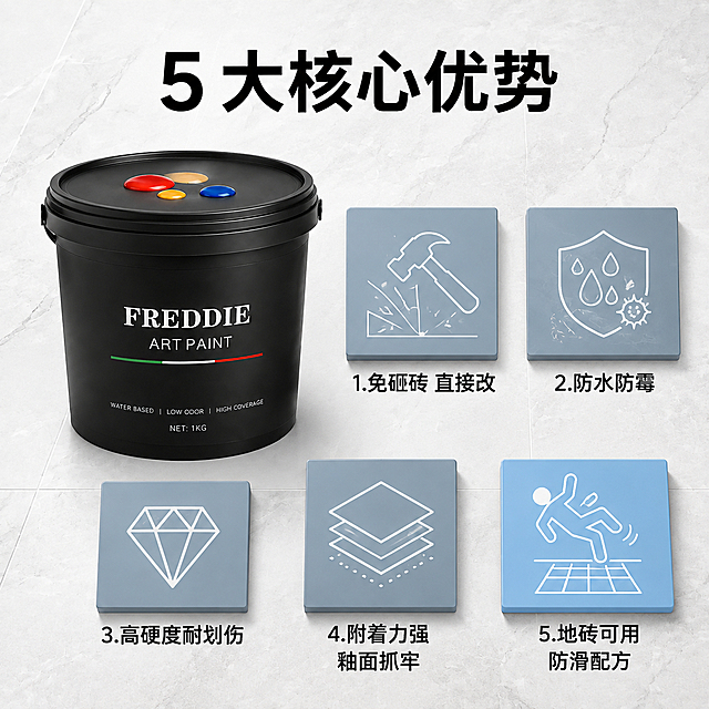 [主图-2] 核心卖点图 5大优势瓷砖改色漆。
[氛围风格] 明亮洁净ins风 专业品质感 几何瓷砖拼贴元素
[画质] 商业摄影质感 光线柔和通透 画面干净高级 超高清细节
[元素] 背景用浅灰色大理石纹或瓷砖纹弱化处理 纹理细腻不抢主体 画面左侧放置黑色FREDDIE瓷砖改色漆桶45度侧视角 桶身完整清晰 右侧和下方环绕5个几何方块图标 像瓷砖拼贴样式 每个方块内有对应功能图标 保持产品桶外观与输入产品图一致 杜绝变形色差 商品主体占比约45% 画面满屏无边框
[光影] 顶部柔光主光 左侧产品受光均匀 图标方块有轻微投影 整体明亮通透
[配色] 主色浅灰白大理石纹背景 辅色黑色产品桶 强调色浅蓝色图标方块 白色图标线条
[视角构图] 正面平视 产品居左 卖点图标环绕右侧和下方 构图平衡 景深中等
[文字版式] 顶部居中大标题 5大核心优势 黑色粗体大号字 下方5个瓷砖拼贴方块图标 每个方块下方配文字 1 免砸砖 直接改 2 防水防霉 3 高硬度耐划伤 4 附着力强 釉面抓牢 5 地砖可用 防滑配方 其中第5个地砖专用不滑倒图标用浅蓝色高亮背景突出 区分墙面漆 文字全部清晰可读 黑色无衬线字体
[输出要求] 1:1比例 文字清晰锐利 超高清商业摄影质感
[负向提示词] 变形 文字错乱 产品图模糊 背景杂乱 水印 电商平台Logo