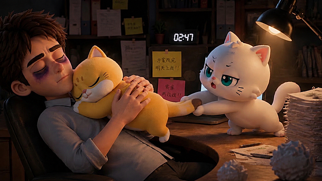 修改原图，把白猫拽着橘猫身体尾部的部位换成参考图中橘猫的尾巴，保留原图其他内容不变，保持原画风格一致。参考的橘猫尾巴是浅橘色，末端为深棕色