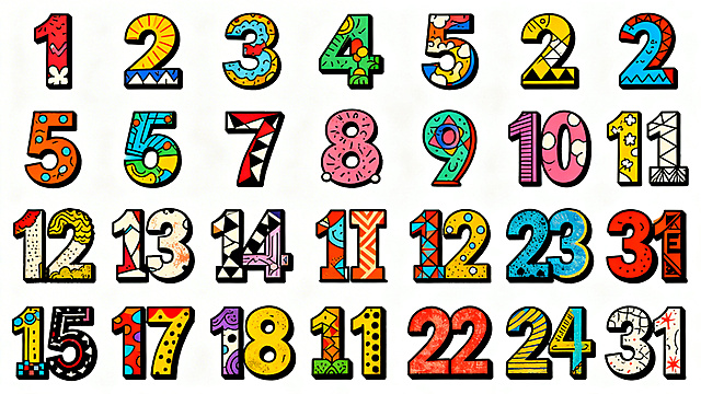 设计1到31的数字图案，每个数字都有独特的艺术风格，包含手绘、卡通、几何、复古等多种风格，色彩鲜艳丰富，每个数字独立呈现