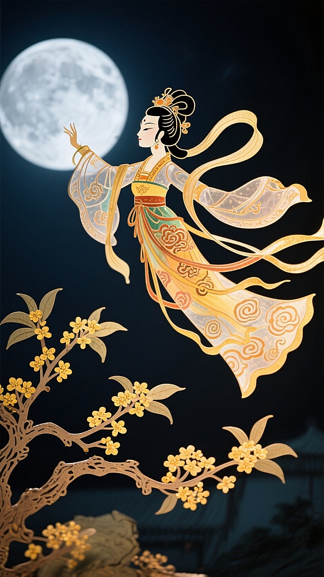 工笔风与剪纸艺术融合，嫦娥身着鎏金华服，于明月之下翩然起舞，桂枝摇曳，静谧而浪漫，尽显中秋古典唯美的诗意意境。