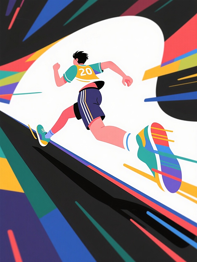 超广角动态透视插画，互联网大厂风格，一个20岁大学生少年极速奔跑的背影，穿着运动服，姿势很酷，充满速度感，15度仰拍荷兰角构图，四肢拉伸强化速度感，多彩配色，白色背景