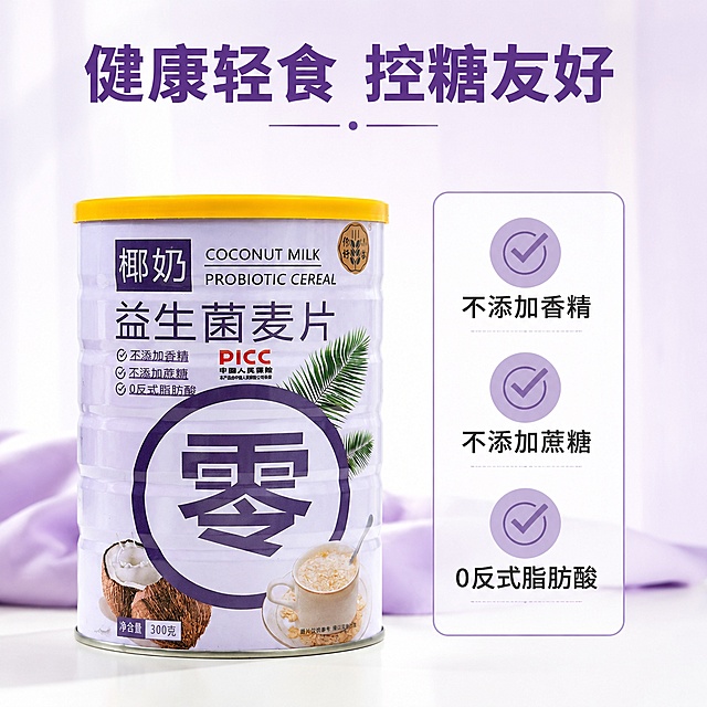 「图片1」「图片1」「图片1」参考产品图生成电商主图（5张），商品名称是：椰奶益生菌麦片，卖点是：不添加香精、不添加蔗糖、0 反式脂肪酸，添加益生菌，椰奶口味，风格是：三零配方风，适配抖音平台，主图比例为1:1