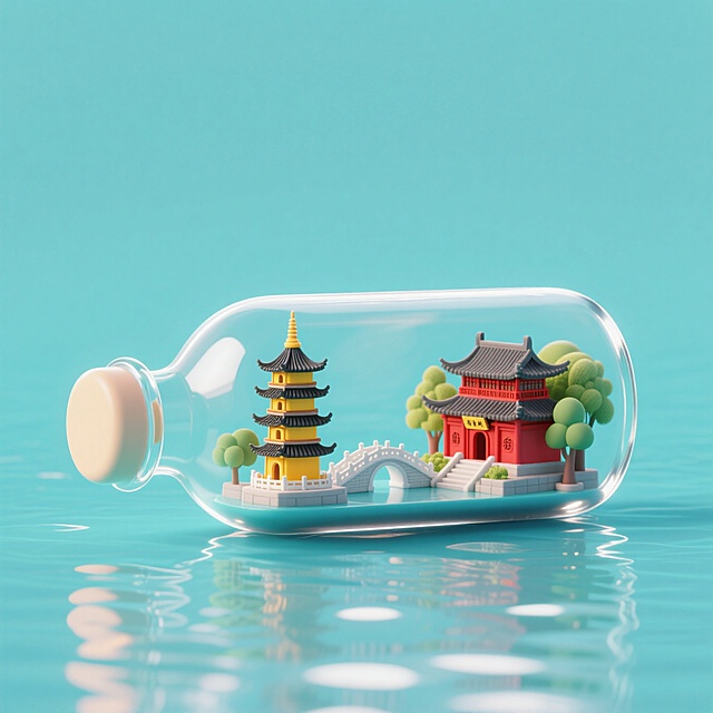一个透明漂流瓶，里面是微缩杭州知名景点雷峰塔、断桥、灵隐寺等，漂流瓶是横着摆放的，背景是湖水