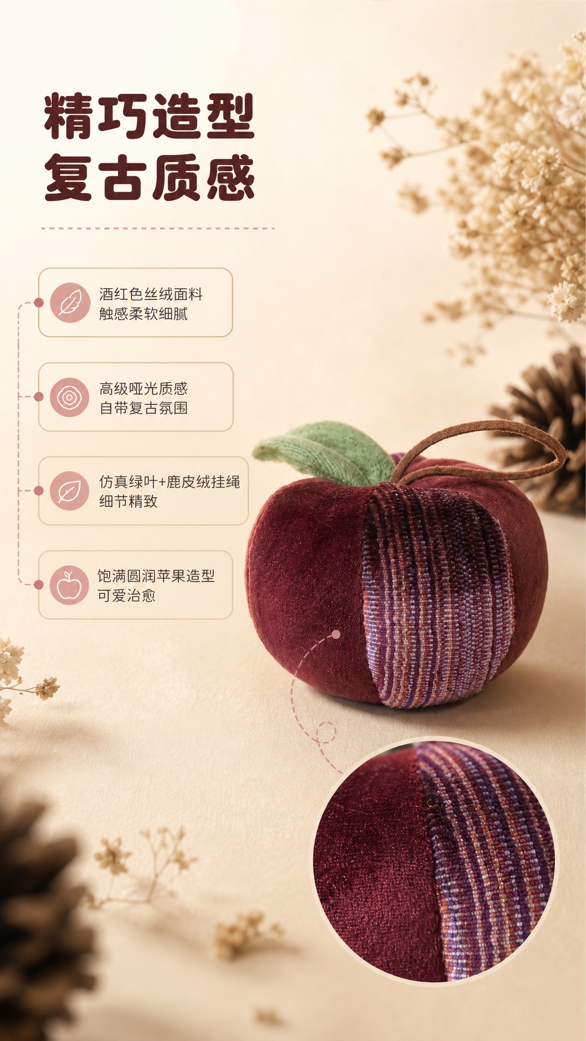 [商品] 使用【图2】酒红色丝绒苹果香薰挂件；保留饱满苹果轮廓… - 图片创意预览