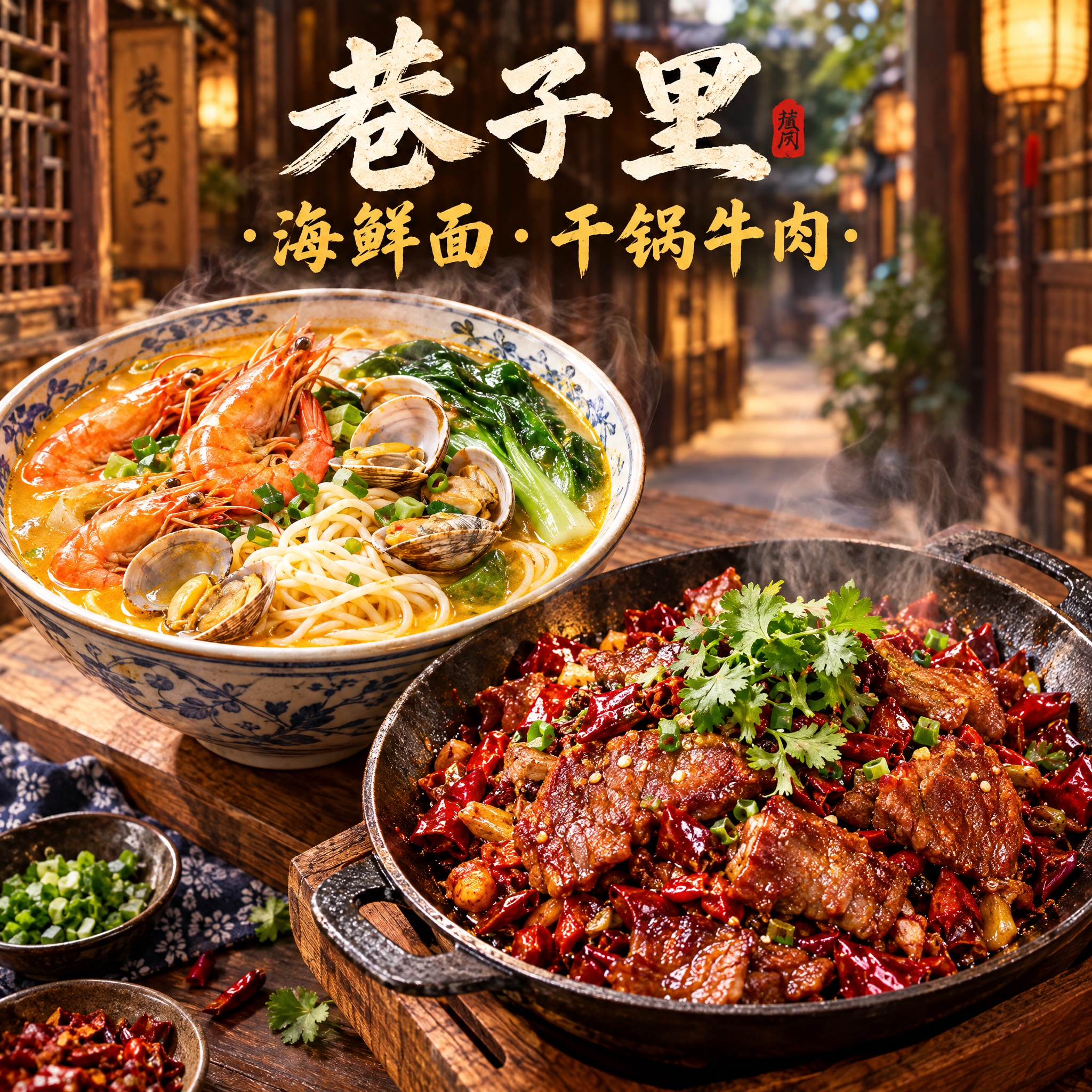 美食写真风格头像设计，店名"巷子里·海鲜面·干锅牛肉"，画面中… - 图片创意预览