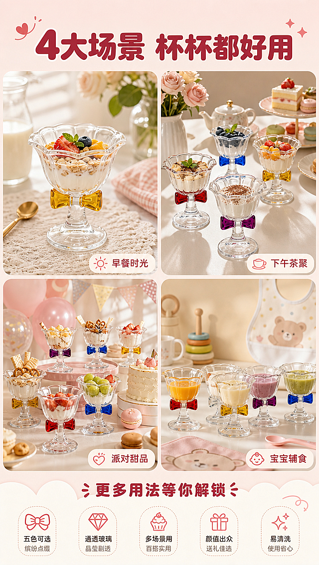 [商品] 使用【图1】【图2】【图3】5色蝴蝶结玻璃冰淇淋杯；保留各款颜色和结构，增强玻璃通透质感。
[画面] 第7张·多场景拼贴（多场景拼图型）：2×2四宫格场景拼图，每格一个使用场景：左上=居家早餐（盛放酸奶麦片），右上=闺蜜下午茶（多杯摆拍+蛋糕），左下=派对甜品台（多色杯阵列+甜点），右下=儿童辅食（盛放果泥布丁）。每格场景中都有对应颜色的蝴蝶结玻璃杯。
[视觉] 套系策略：风格=清新甜美ins风商业摄影；标题字=圆润圆角粗黑体；正文字=简洁无衬线黑体；主色=柔粉奶油色；背景延展=基于柔粉奶油色做深浅渐变、同色系层次和细腻哑光质感；强调色=莓果红，仅用于小面积图标、引线和标签；标题色=深莓果红；正文色=暖棕灰；组件=圆角奶油白信息卡、细曲线引线、可爱图标；光影=左前侧柔暖自然光，玻璃有通透高光和柔和倒影。
[文字] 顶部主标题「4大场景 杯杯都好用」，每格右下角小标签：「早餐时光」「下午茶聚」「派对甜品」「宝宝辅食」。底部补充「更多用法等你解锁」。文字均横向排版。
[规格] 图片比例9:16竖版，4K分辨率，负向提示：避免变形、错字、文字过小、玻璃发灰、场景杂乱、极限词、平台logo水印。